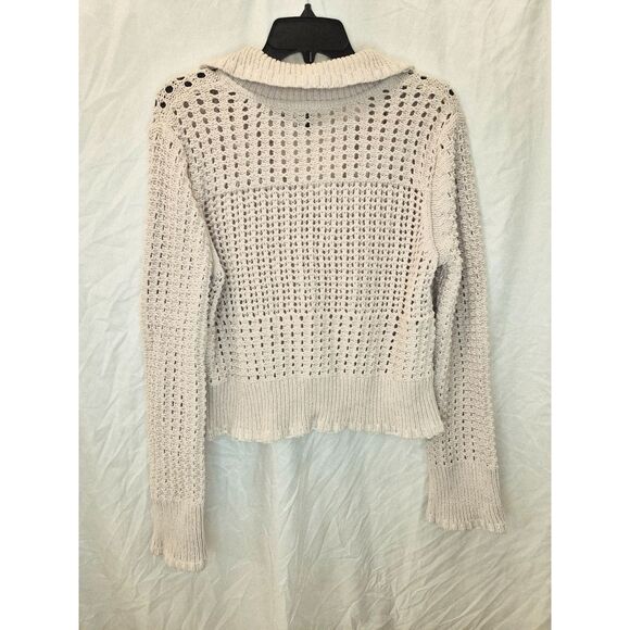 Joie Cropped Crochet Knit Polo Sweater Ivory V-Neck Open Weave Long Sleeve L - Picture 4 of 7